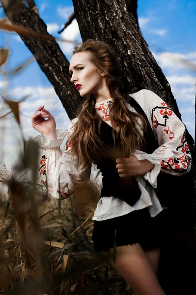 Chica joven en el campo de verano en ropa nacional de Bielorrusia, fas — Foto de Stock