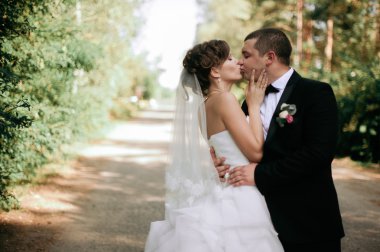 Zarif genç mutlu evlilik çift yeşil çimlere oturup 