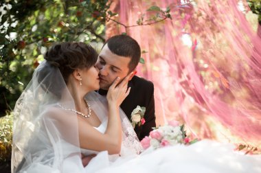 Zarif genç mutlu evlilik çift yeşil çimlere oturup 