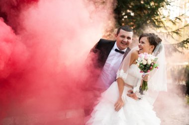 Zarif genç mutlu evlilik çift yeşil çimlere oturup 