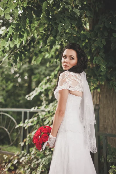 Elegante joven feliz boda pareja está sentado en la hierba verde en — Foto de Stock