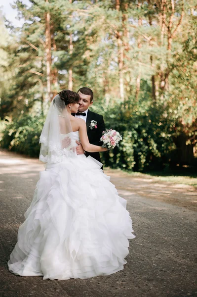 Elegante joven feliz boda pareja está sentado en la hierba verde en — Foto de Stock