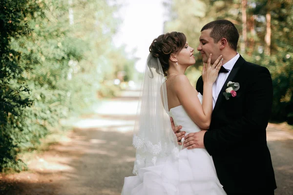 Elegante joven feliz boda pareja está sentado en la hierba verde en — Foto de Stock