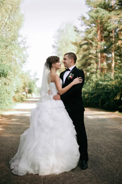 Elegante joven feliz boda pareja está sentado en la hierba verde en — Foto de Stock