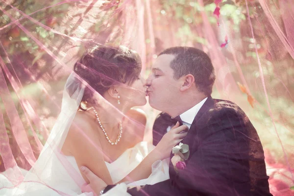 Elegante jovem casal casamento feliz está sentado na grama verde em — Fotografia de Stock