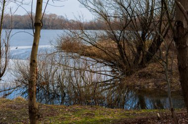 Doğa arka plan bahar manzara ve göldeki eriyen buz ile.