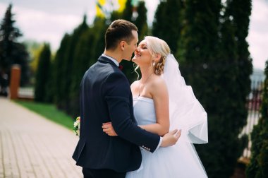 Gelin ve damat gün açık havada bahar doğa üzerinde sarılma düğününde