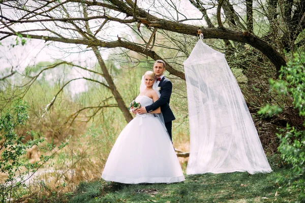 Elegante jovem casal casamento feliz está sentado na grama verde em — Fotografia de Stock