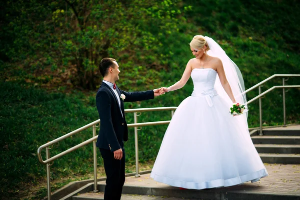 Noiva e noivo no dia do casamento abraçando ao ar livre na natureza da primavera — Fotografia de Stock