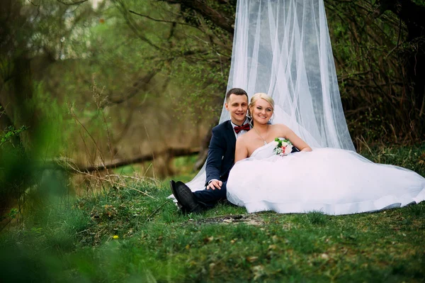 Elegante jovem casal casamento feliz está sentado na grama verde em — Fotografia de Stock