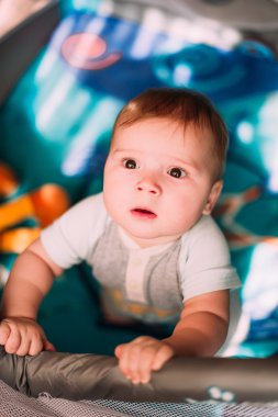 Renkli çocuk parkı içinde kapalı oynayan sevimli küçük oğlu. Güzel çocuk kreş eğleniyor.