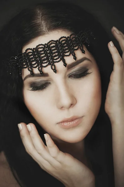 Portrait of young girl in gothic lace dress with black necklace — 스톡 사진