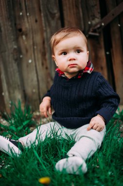 yeşil çimen, 9months, ahşap arka plan üzerinde oturan güzel bebek çocuk