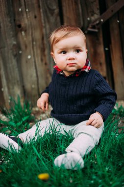 yeşil çimen, 9months, ahşap arka plan üzerinde oturan güzel bebek çocuk