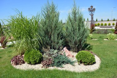 Bahçedeki peyzaj, park, meydan, dinlenme alanındaki modern tasarım parçaları.