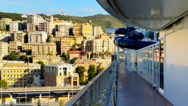 Italy. View of the terraced urban Genoa from the deck of a cruise ship. — Stock Video