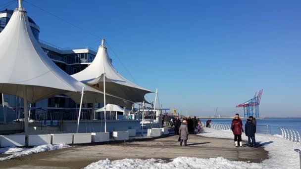 Sunny Winter Day Citizens Walk Promenade Calm Sea Port Visible — Stock Video