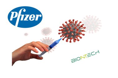 Beyaz zemin üzerinde Pfizer ve BioNTech Coronavirus aşısı