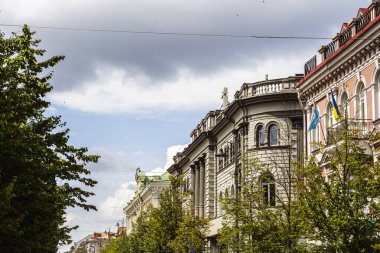Vilnius Litvanya caddesi boyunca bulutlu gökyüzünün altında binalar