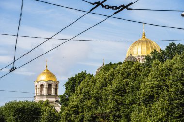 Golden domes above trees in Riga Center Latvia