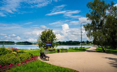 Birzai Gölü manzaralı, çiçekli ve patikalı.