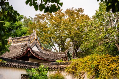 Pagoda, Çin 'in Suzhou bölgesinde ağaçlarla çevrili.