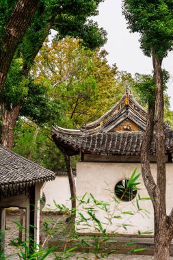 Çin Suzhou 'da ağaçlarla çevrili geleneksel Pagoda.