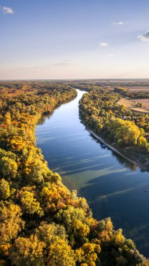 Ağaçlarla çevrili Korostorok nehrinin havadan görünüşü