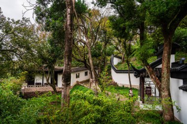 Çin Suzhou 'da geleneksel mimariyi çevreleyen yemyeşil alanlar.