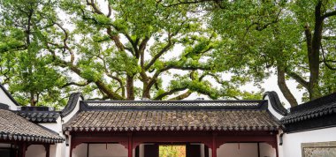 Çin Suzhou 'da ağaçlı geleneksel mimari