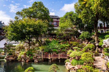 Yuyuan Bahçeleri 'nde geleneksel mimariyi çevreleyen gür yeşillik