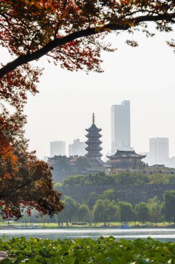Nanjing manzarası Pagoda ve ağaçlarla ufuk çizgisi