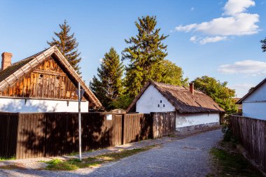 Csongrad 'da çakıl yolu boyunca geleneksel evler
