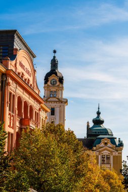 Pecs Macaristan 'da mavi gökyüzünün altındaki binalar ve ağaçlar