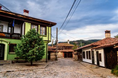 Koprivshtitsa Bulgaristan 'daki kaldırım taşı caddesinde binalar