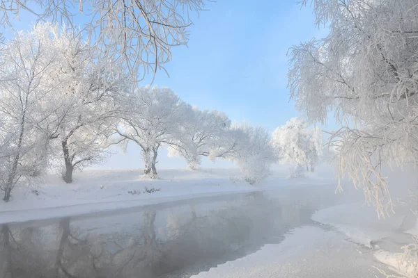 Idyllisches Verschneites Winterlandschaftspanorama Mit Bäumen Fluss Starkem Raureif Und Sonne — Stockfoto