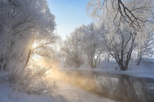 Idyllic Snowy Winter Landscape Panorama Trees River Heavy Hoarfrost Sun — Stock Photo, Image