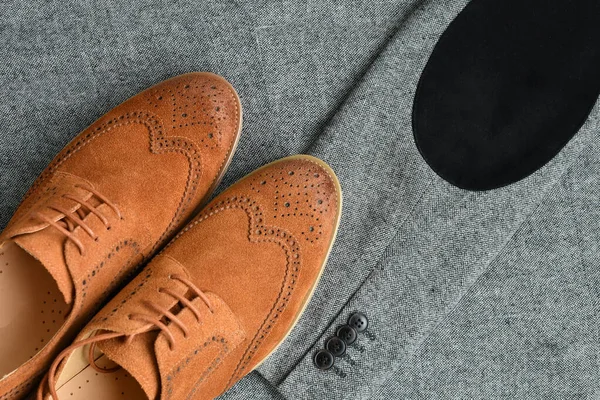 Pair Brown Suede Derby Shoes Tweed Fabric Background Selective Focus — Stock Photo, Image