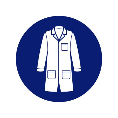 Klasik koruyucu laboratuvar önlüğü giysisi, şeffaf arkaplanda izole edilmiş mavi daire sembolü sembolü işareti gerektirir.
