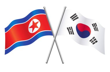 Kuzey ve Güney Kore bayrakları ittifaka karşı şeffaf arkaplanda izole edilmiş bayrak direkleri vektörleri