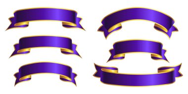 Zarif, sade, saf mor, altın kaplama şeritli, boş kaydırmalı, şeffaf arkaplan üzerinde boş set vektörü.