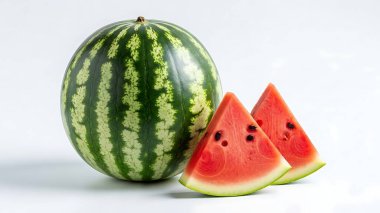 Koyu yeşil çizgileri ve küçük noktaları olan tek bir yuvarlak karpuz. Karpuz düz beyaz bir arkaplana yaslanır, canlı ve taze görünümünü vurgular..