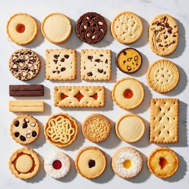 Çeşitli bisküvi ve kurabiyelerin üst görünümü