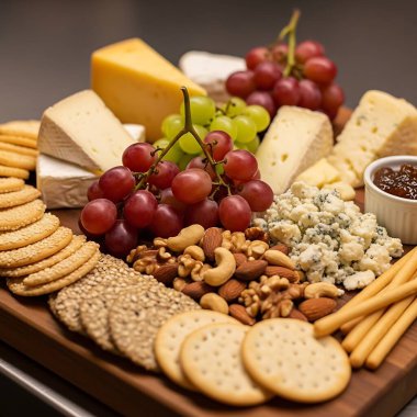 Tahta tabakta çeşitli aperatifler, yemek, peynir, fındık, üzüm.