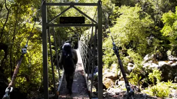一个徒步者在新的狂热者的幽灵小道上穿过一座秋千桥 — 图库视频影像