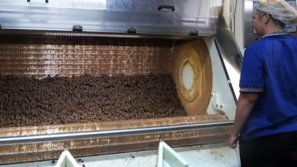 Trabajador supervisa máquina que cubre la comida — Vídeos de Stock