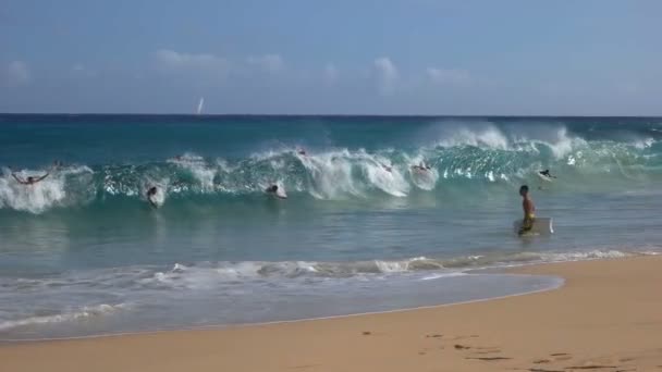 砂浜のビーチ ハワイでのボディー ボード サーファーのワイキキ アメリカ合衆国アメリカの 2015 スローモーション撮影 — ストック動画