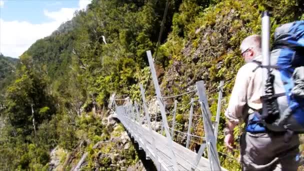 Tiro Panorámico Excursionista Cruzando Puente Basculante Rastro Fantasma Nueva Zelanda — Vídeo de stock
