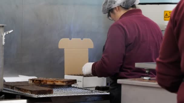 Trabalhador embala chocolates feitos à mão — Vídeo de Stock