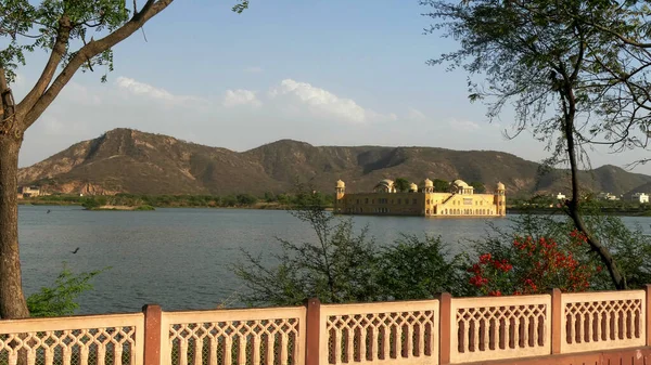 stock image wide shot of jal mahal palace framed by trees and a wall in jaipur